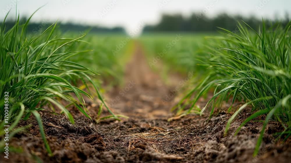 Aufkleber mediumfocused view of trial plot section showing healthy crop rows with background softly blurred em