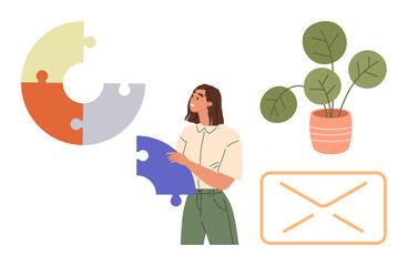 Young woman holding a puzzle piece near a partially assembled chart, potted plant, and mail envelope. Ideal for teamwork, problem-solving, creativity, organization, productivity, communication