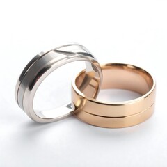 Two elegant wedding rings, one white gold and one rose gold, rest atop a pure white surface.