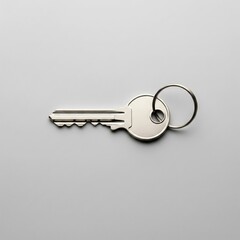 An isolated new and shiny silver key with a keyring on a bright, neutral, and clean background for security and access imagery .