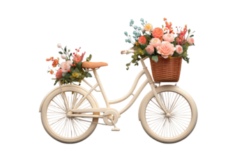 A cream bicycle adorned with a wicker basket overflowing with vibrant flowers, isolated against a transparent background. background removed
