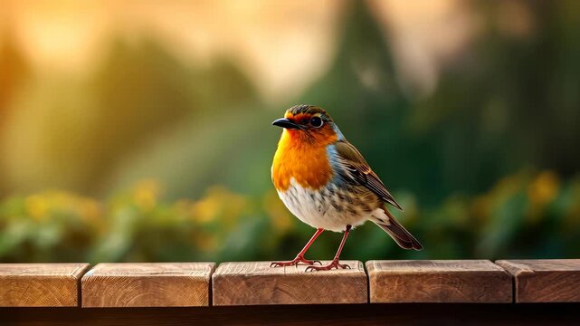Perched Robin: A charming European robin bird, in vibrant plumage, takes center stage, perched on a wooden fence under a beautifully blurred background. A timeless glimpse into nature's elegance.