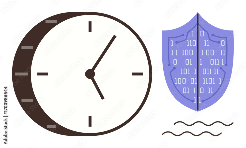 Poster clock signifying time and shield with binary code denoting cybersecurity, surrounded by abstract lin