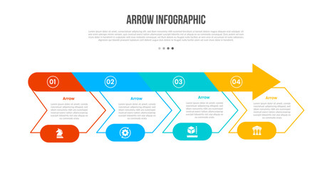 Arrow base shape infographics template diagram with box with arrow header on horizontal direction with 4 point step creative simple flat outline