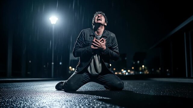 A man kneeling on a wet street in the rain at night, looking up in anguish and despair