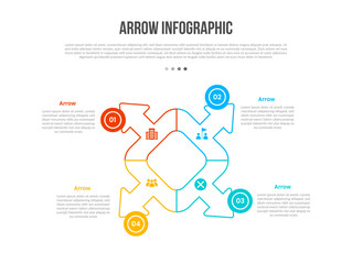 Arrow base shape infographics template diagram with rhombus rotated square with arrow spreading all direction with 4 point step creative simple flat outline