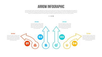 Arrow base shape infographics template diagram with long arrow line with circle bottom spreading with 4 point step creative simple flat outline