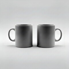 Fototapeta premium Two minimalist gray mugs stand side-by-side on a clean white surface, perfect for showcasing branding, beverages, or a modern, simple aesthetic photography concept .