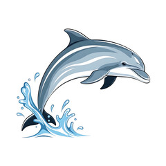 Obraz premium Energetic cartoon dolphin jumping out of the water with splashes, vector illustration isolated on white background.