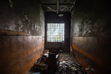 Burned interiors after fire in industrial or office building