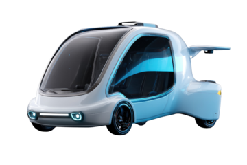 Futuristic flying car design, sleek white body with transparent canopy, isolated on transparent background. background removed