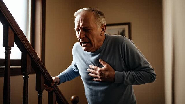 An elderly man clutching his chest in pain, suffering from a possible heart attack on the stairs
