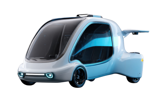 Futuristic flying car design, sleek white body with transparent canopy, isolated on transparent background. background removed