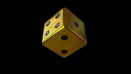 Looped 3D animation of a shiny golden dice with black pips rotating around its axis on a black background. - Powered by Adobe