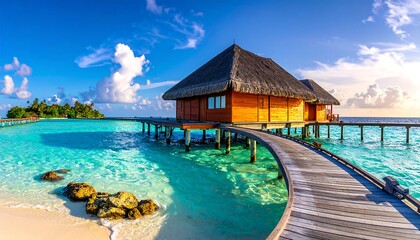 Tranquil overwater bungalows nestled on a pristine island paradise, showcasing a vibrant turquoise ocean, a wooden walkway, and a serene ambiance.