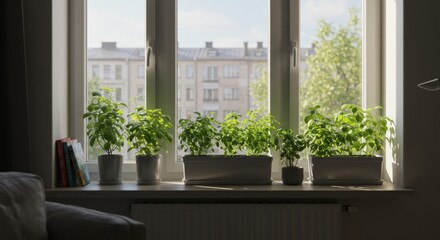 Fototapeta premium Sunlit Indoor Herb Garden on a Window Sill with Urban Background