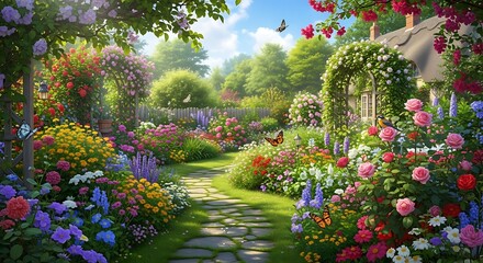 Lush Blooming Flower Garden Scenery.