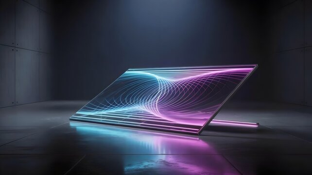 Futuristic holographic panel with neon blue magenta light patterns – Suitable for cyberpunk visuals, digital art, or technology branding