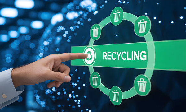 Man's finger activates recycling button on digital interface for eco awareness