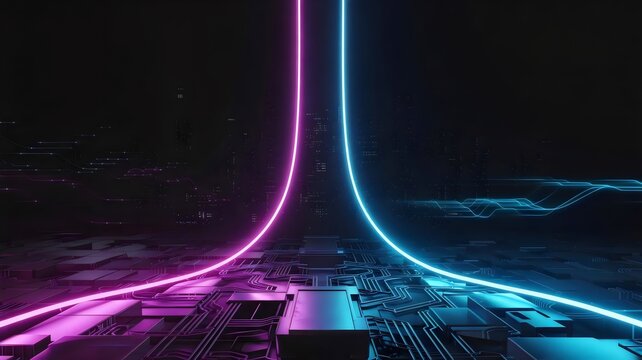 Neon blue beam splitting in two paths toward city and circuitry &ndash; Great for cyberpunk concepts, futuristic design, or energy visuals