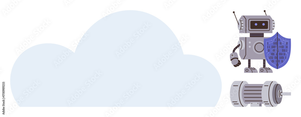 Poster robot holding shield next to a mechanical component, set against a cloud shape. ideal for cybersecur