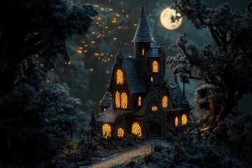A gothic-style mansion, nestled in a dark, enchanted forest at night, glows with warm, inviting light from its many windows, under a full moon.