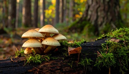 Cluster of mushrooms with pale beige caps sits atop a mossy forest log, bathed in soft sunlight.