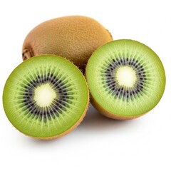 Fototapeta premium Fresh and vibrant green kiwi fruits in a group of three, one whole and two halves showcasing their juicy interior and texture, perfect for healthy eating and tropical fruit themes .