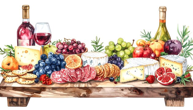 Watercolor illustration of a gourmet cheese and charcuterie board with wine - Powered by Adobe