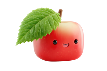 A cute, smiling, red, square apple with a green leaf on a transparent background. background removed