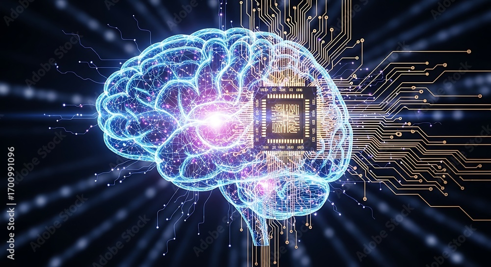 Aufkleber digital brain glowing neural network with integrated circuitry and data flow.