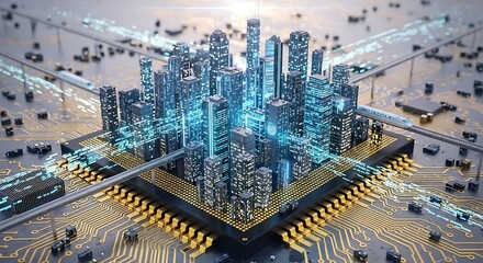 Fototapeta premium Digital City Built on a Microchip Futuristic Metropolis on Circuit Board.