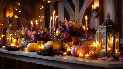 Luxurious Halloween table setting with pumpkins, apples, dark flowers and glowing candles on vintage wooden table in warm Gothic atmosphere