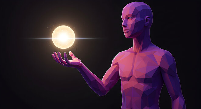 Low poly figure holding a glowing orb of light in a dark abstract space