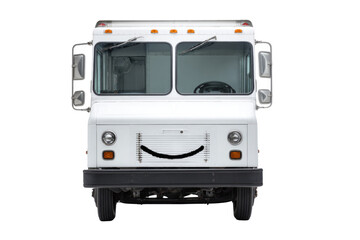 A white delivery truck with a smiling face painted on its grill, isolated on a transparent background. background removed