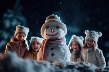 joyful scene of happy children embracing cheerful christmas snowman in winter wonderland