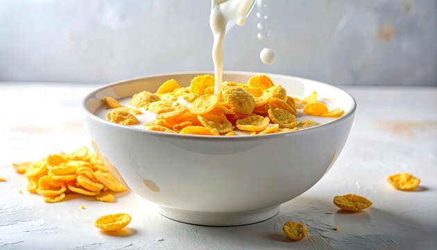 Milk is poured over a bowl of golden-yellow corn flakes, creating a delightful breakfast scene.