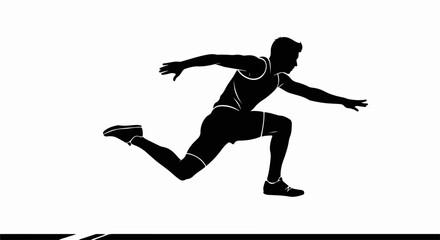 Obraz premium Dynamic Male Athlete Silhouette Jumping. Sportsman in Mid-Air Running or Long Jump Pose. Black Graphic on White Background.