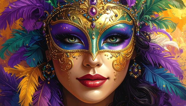 A close-up portrait of a woman wearing a lavish, ornate Mardi Gras mask, adorned with vibrant colors and decorative feathers.