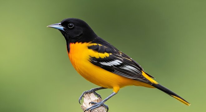 Vibrant baltimore oriole perched gracefully against a serene green backdrop enhancing bird beauty