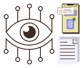 Central eye with network lines, smartphone using biometric verification, and document icon. Ideal for security, privacy, digital identity, data protection, authentication, technology communication