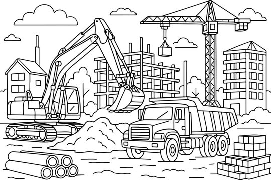 hand drawn vector doodle illustration of detailed construction site coloring page for kids line art