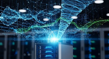 Futuristic Server Rack Powering Dynamic Data Vortex and Interconnected Network.