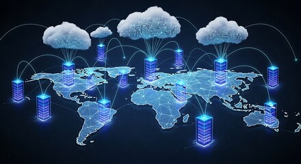 Global Cloud Computing Network Data Centers Connected to Clouds World Map.