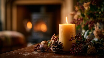Lit candle with pinecones and holly berries, decorated fireplace blurs, warm glow in festive stillness.
