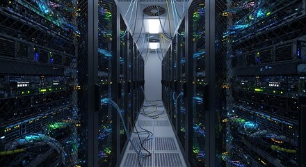 Glowing Server Racks in a Futuristic Data Center Aisle Blinking Lights Complex Network Infrastructure.