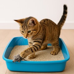 Playful tabby cat playing with toy mouse in litter box in bright clean room