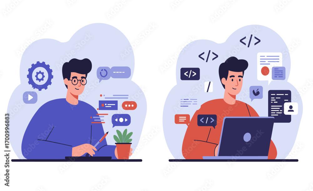 Wall mural two graphic illustrations depict a man coding using a laptop and another brainstorming ideas with a 