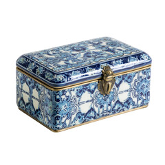 Blue and white porcelain box with brass clasp, intricate floral pattern, antique style. background removed