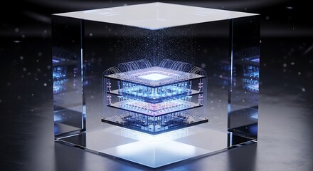 Quantum Computing Core Illuminated Processor Layers in Glass Cube.